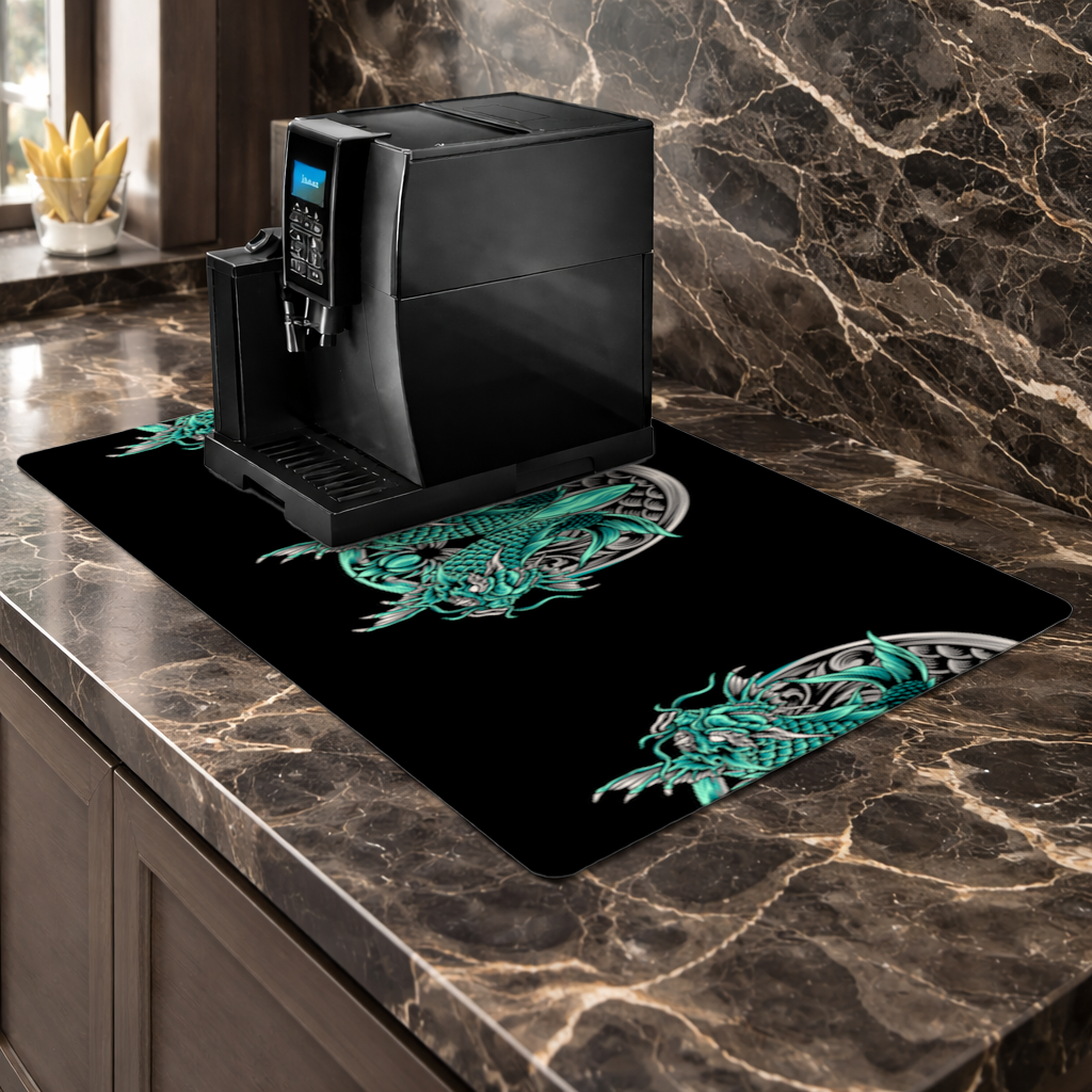Turquoise Twin Dragon Emblem Design Coffee Machine Base Mat
