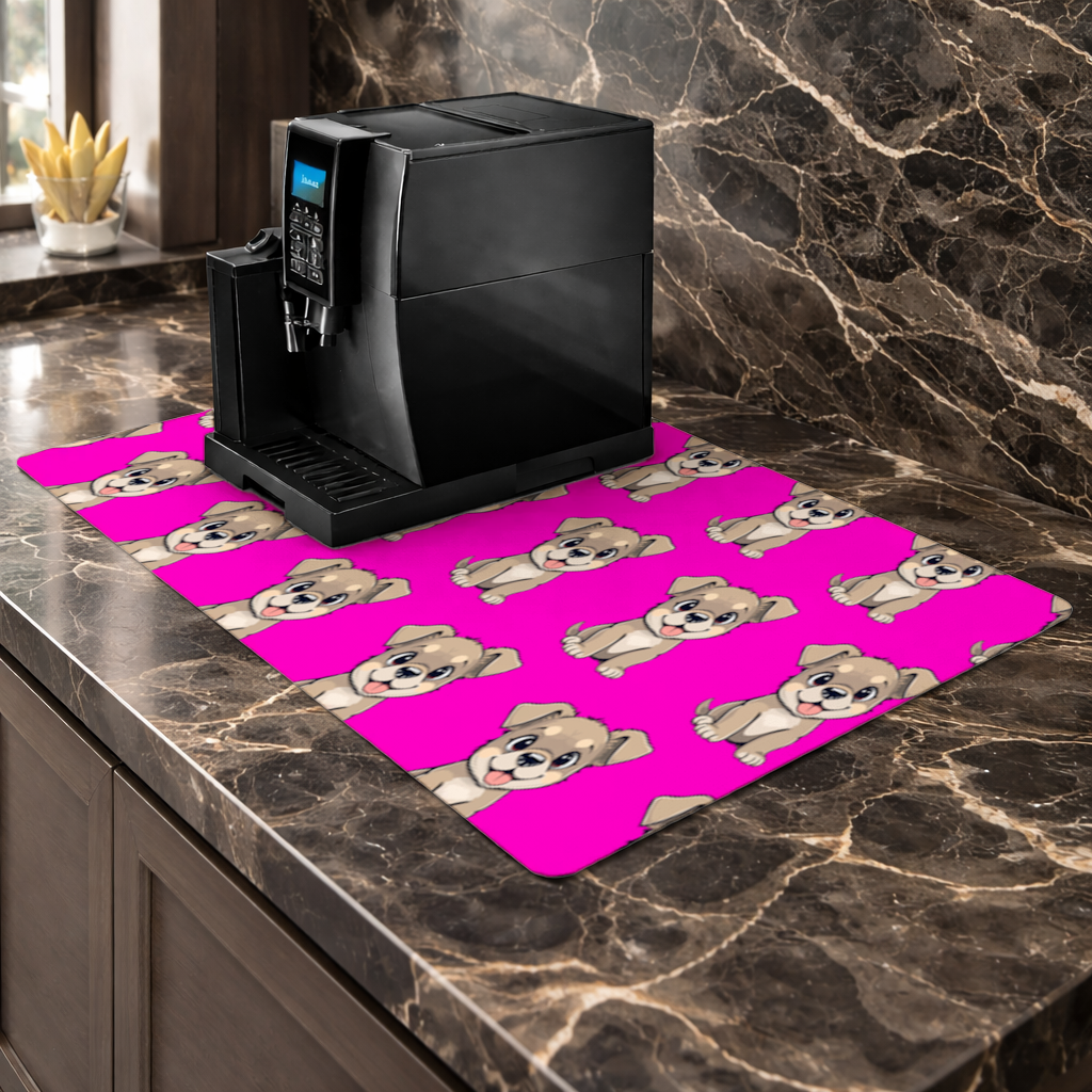 Cute Dog Illustration on Pink Background Coffee Machine Base Mat