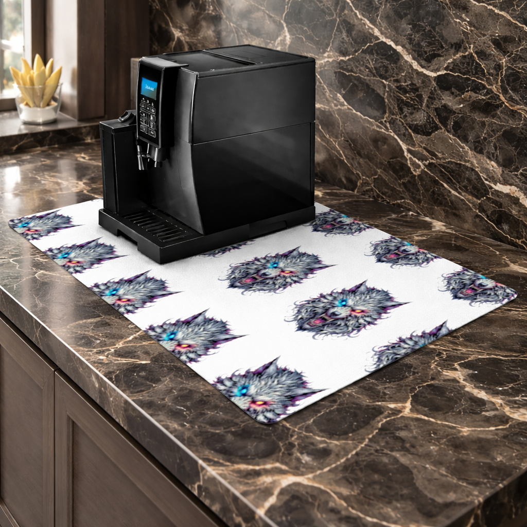 Fierce Wolf Head Illustration Heterochromia Eyes, Savage Wolf Coffee Machine Base Mat