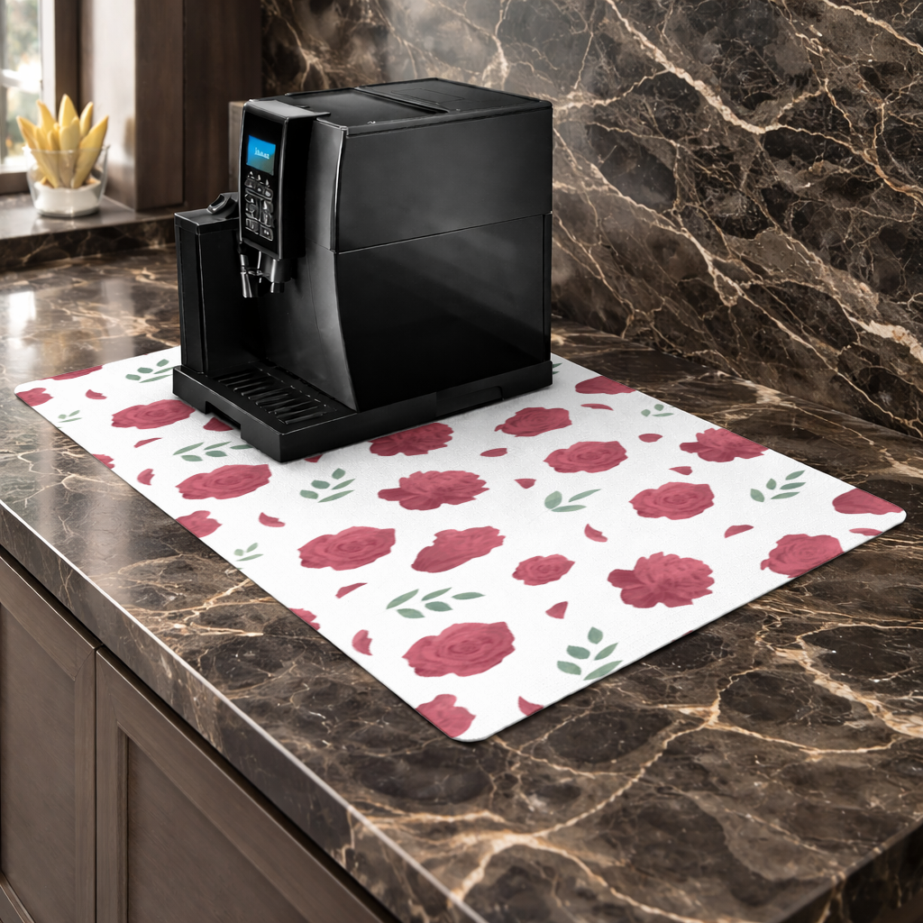 Red Rose and Leaf Romantic Seamless Pattern Coffee Machine Base Mat