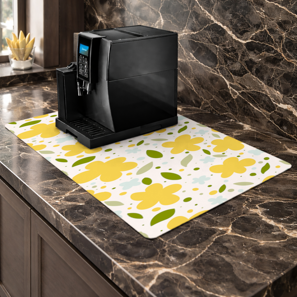 Yellow Floral and Leaf Boho Seamless Pattern Coffee Machine Base Mat