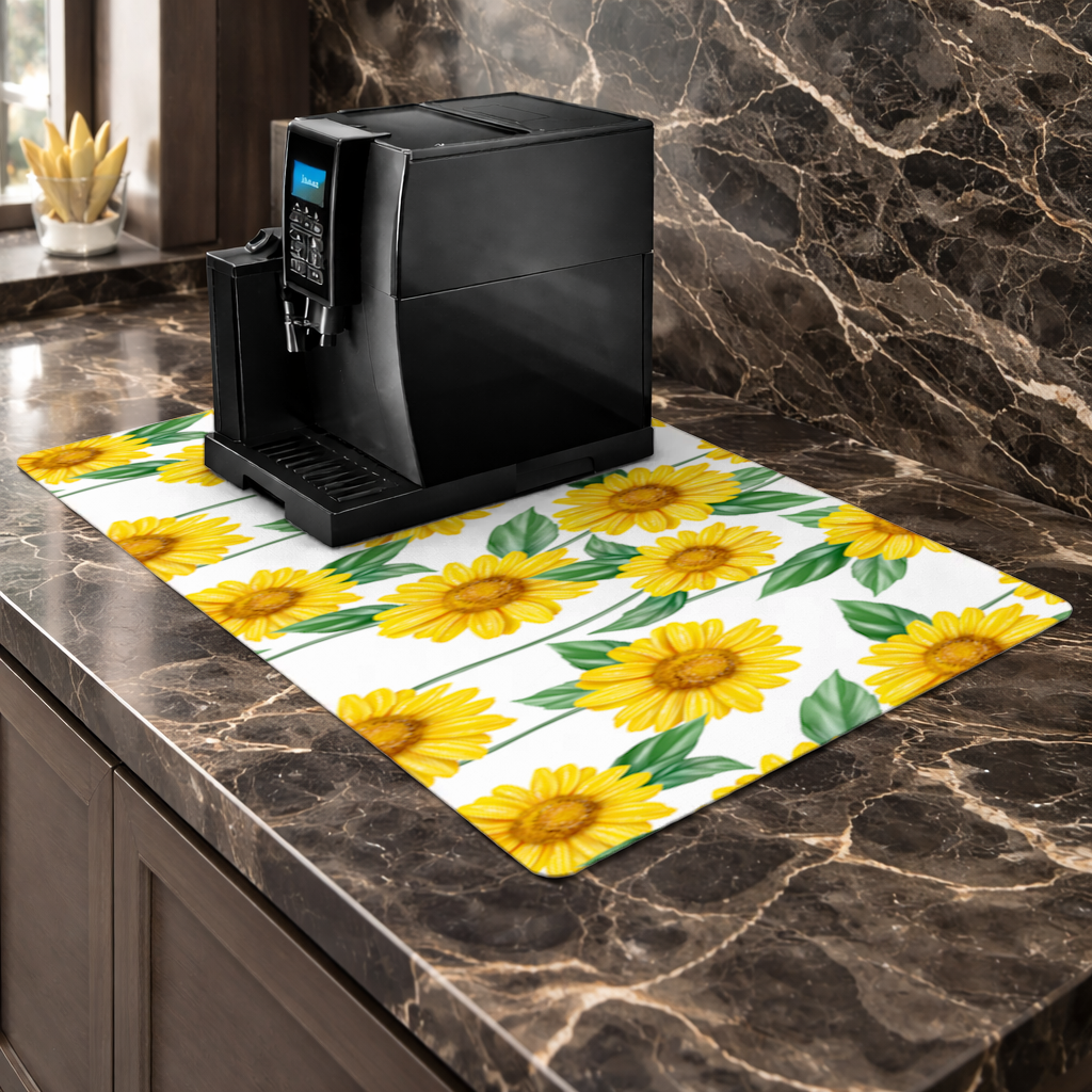 Vibrant Yellow Sunflower and Green Leaf Pattern Illustration Coffee Machine Base Mat