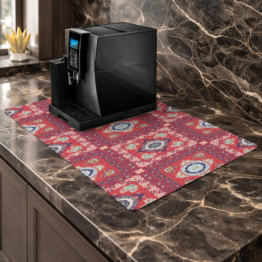 Traditional Kilim Inspired Red Ethnic Geometric Pattern Coffee Machine Base Mat