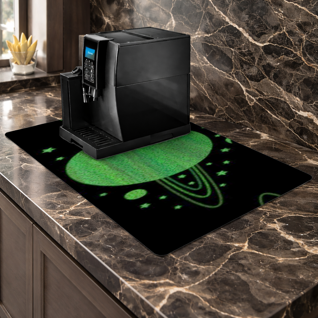 Green planets on a black background. Coffee Machine Base Mat