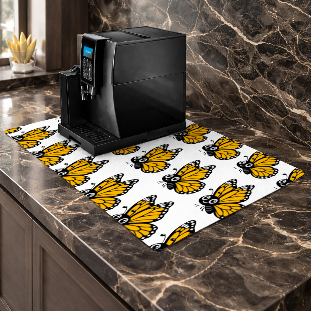 Smiling Orange Monarch Butterfly Character Coffee Machine Base Mat