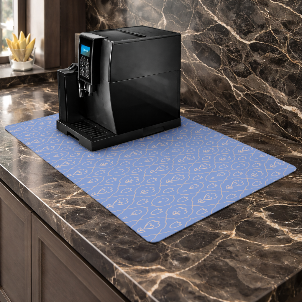 Orange Linear Floral Pattern on Blue Coffee Machine Base Mat
