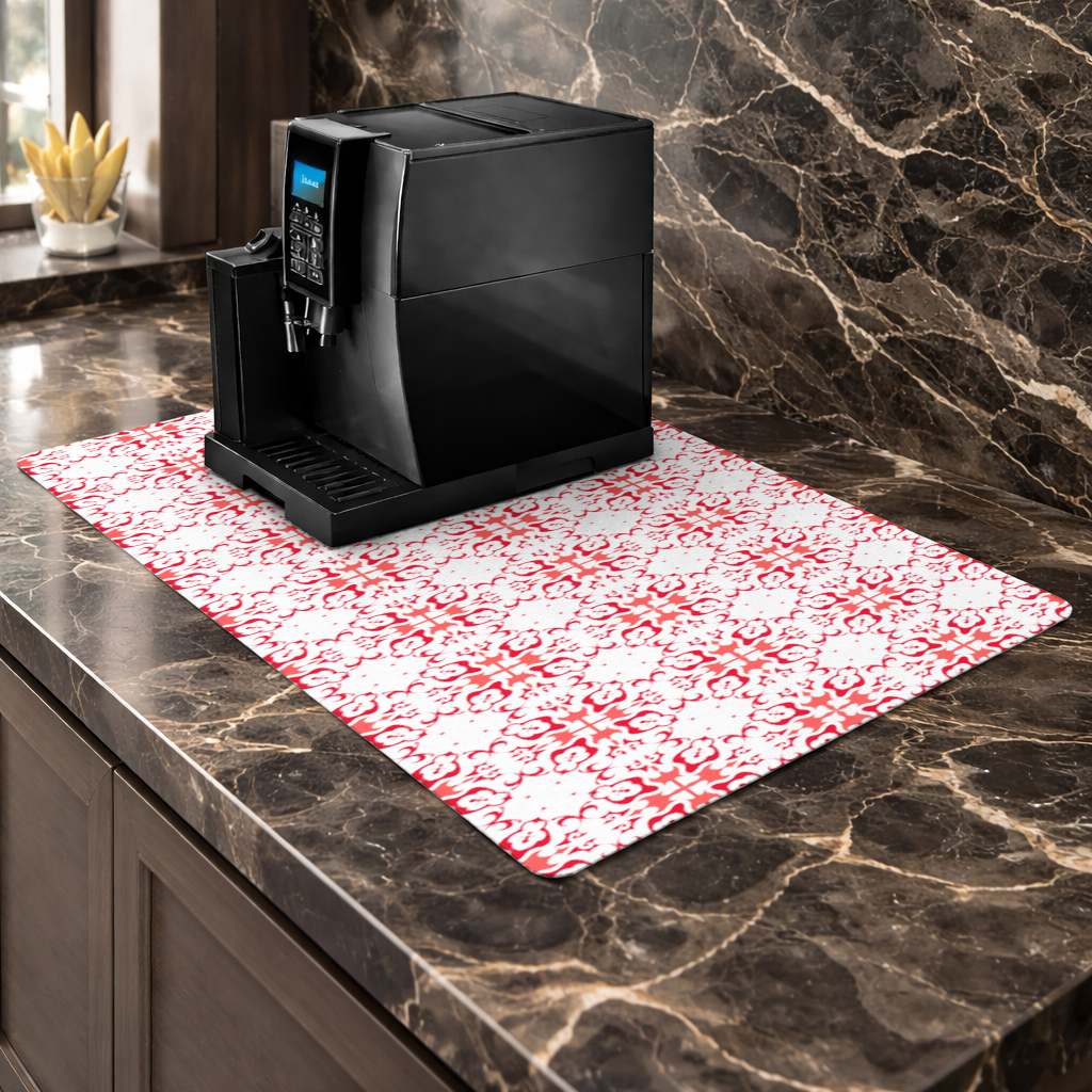 Red and White Traditional Tile Style Pattern Coffee Machine Base Mat