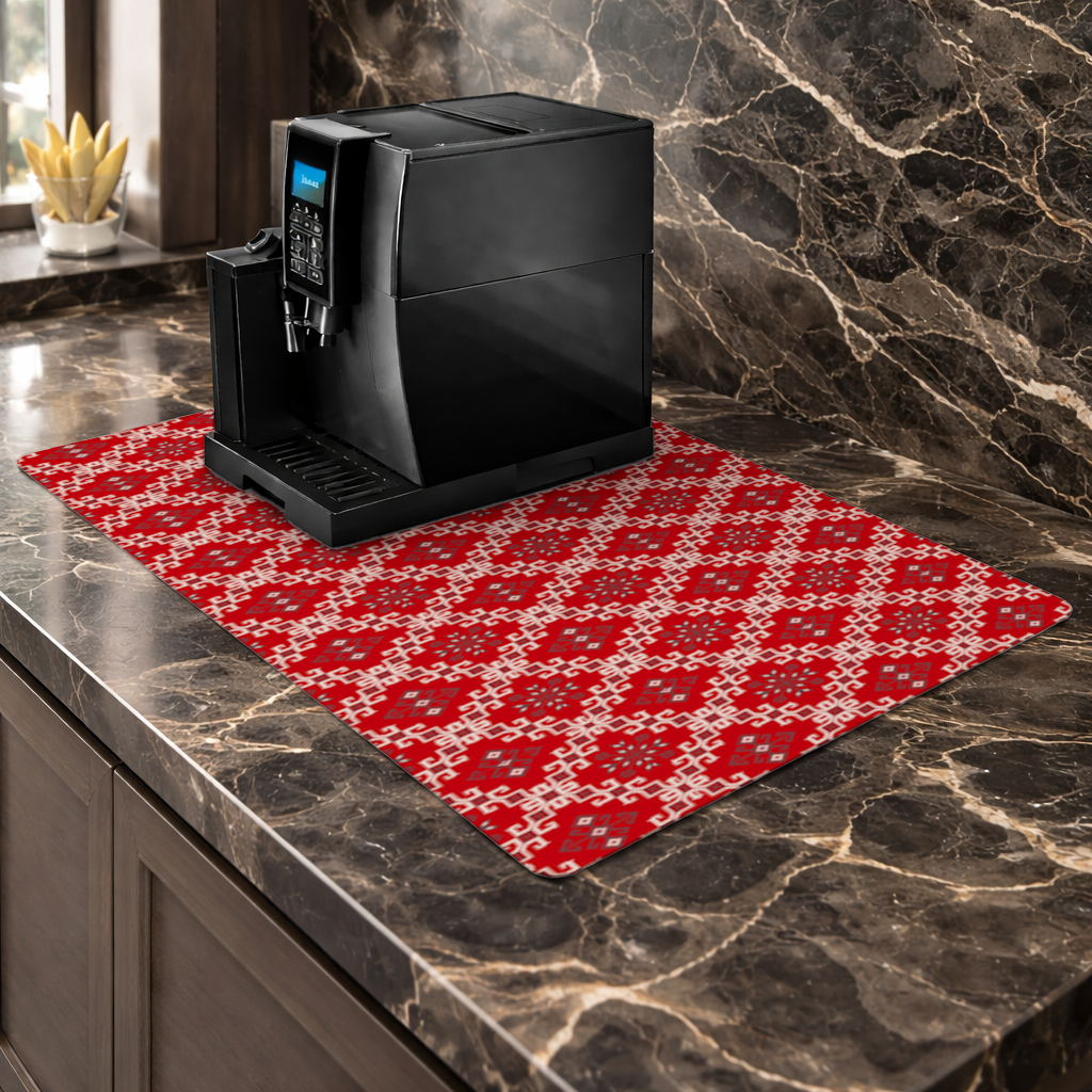 Red Ethnic Embroidery Pattern Coffee Machine Base Mat