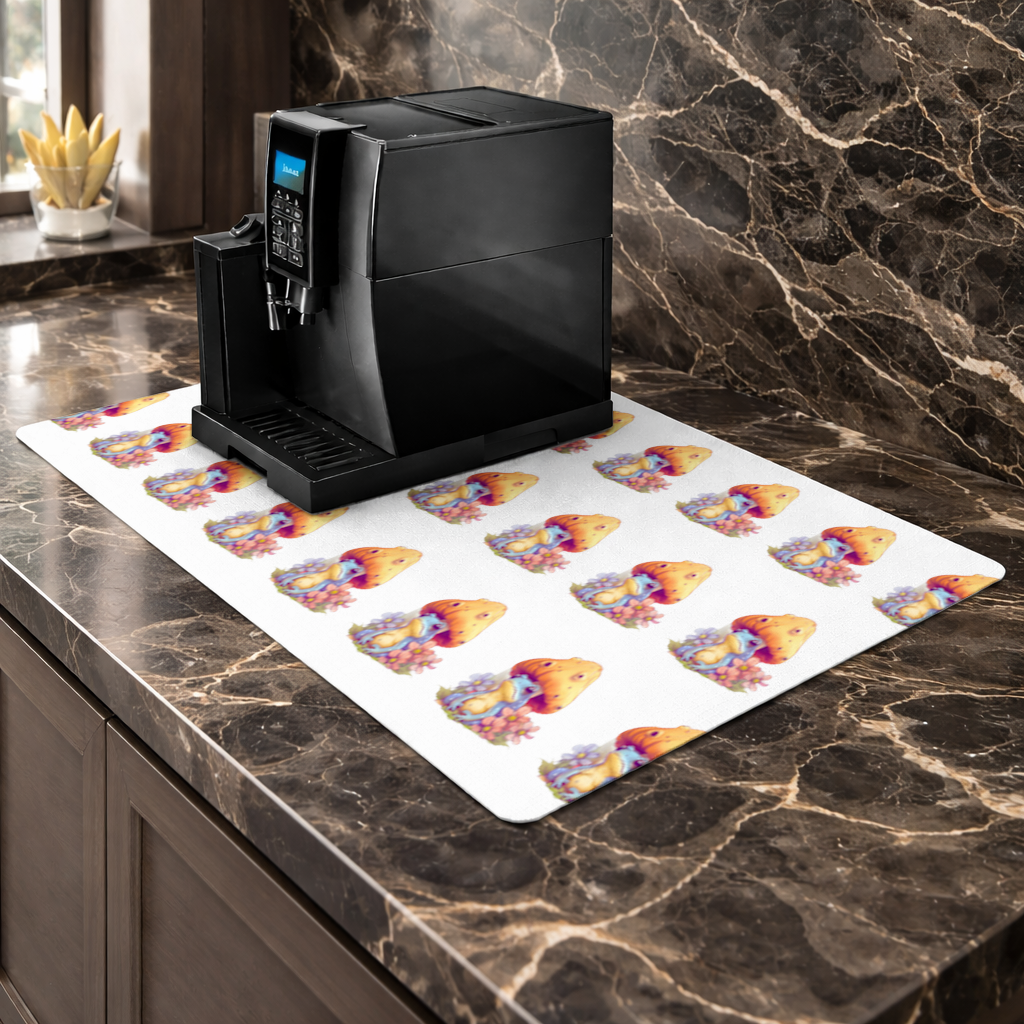 Blue Frog Resting Under Orange Mushroom Coffee Machine Base Mat