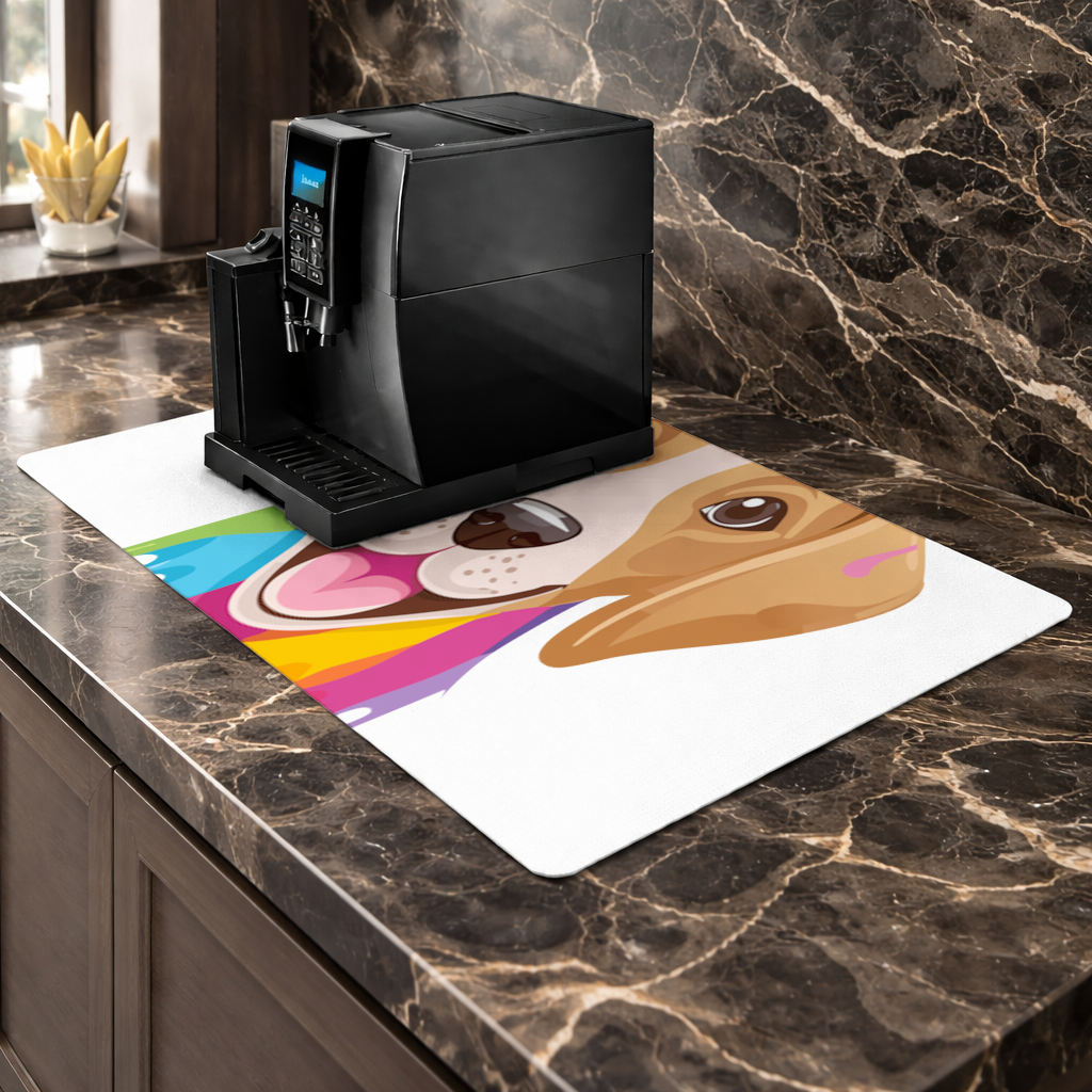 Happy Dog with Colorful Paint Drips Coffee Machine Base Mat
