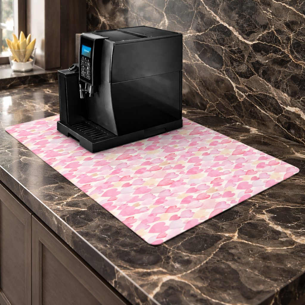 Watercolor Pink Hearts Coffee Machine Base Mat