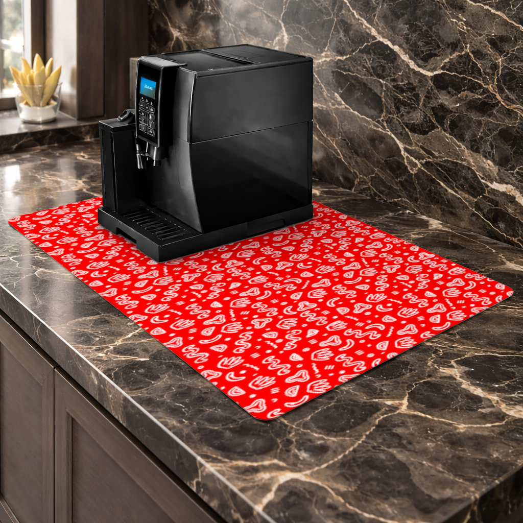 Red Abstract Doodle Coffee Machine Base Mat
