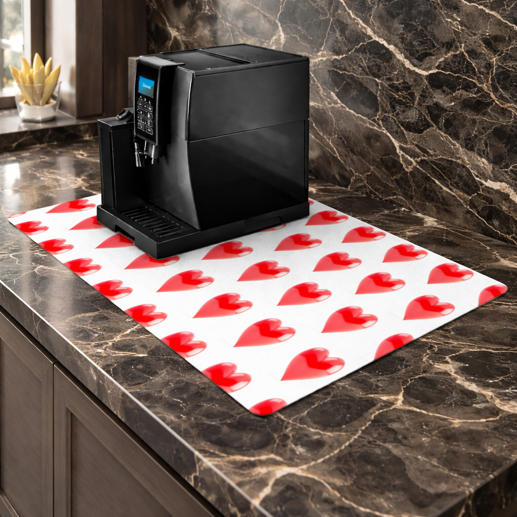 Glossy Red 3D Heart Coffee Machine Base Mat