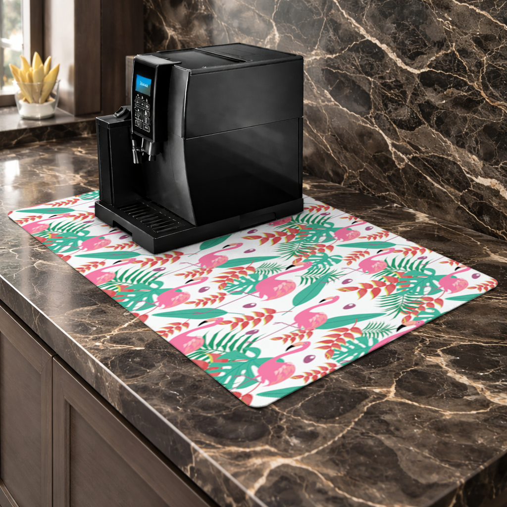 Pink Flamingo Tropical Leaves Coffee Machine Base Mat