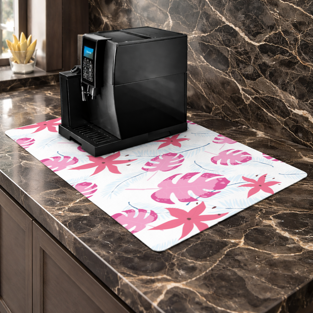 Pink Monstera and Tropical Lily Coffee Machine Base Mat