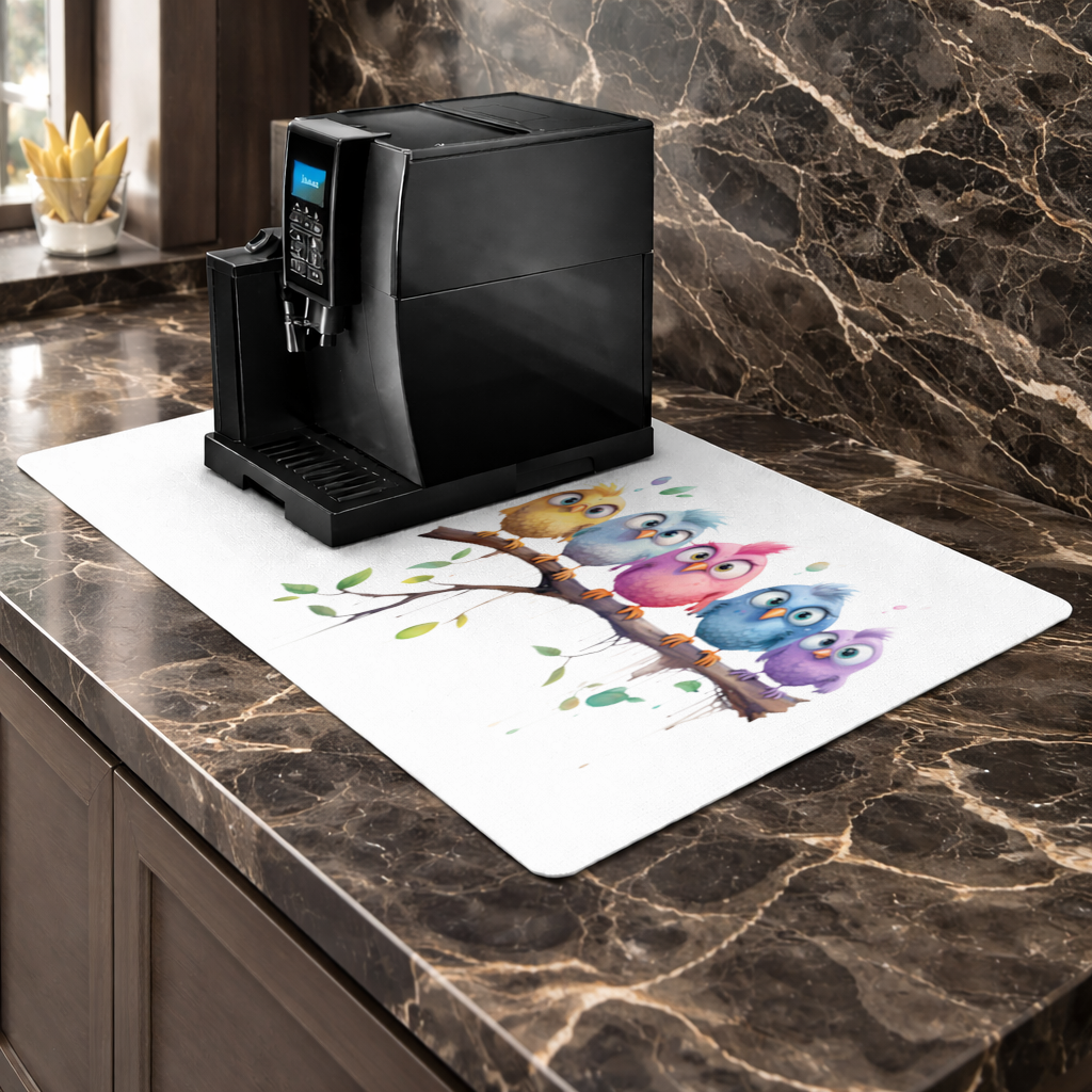Five Colorful Kawaii Birds on Branch Coffee Machine Base Mat