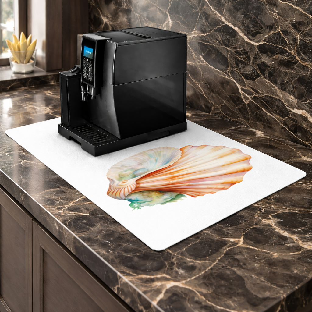 Iridescent Pearls in Orange Scallop Seashell Coffee Machine Base Mat