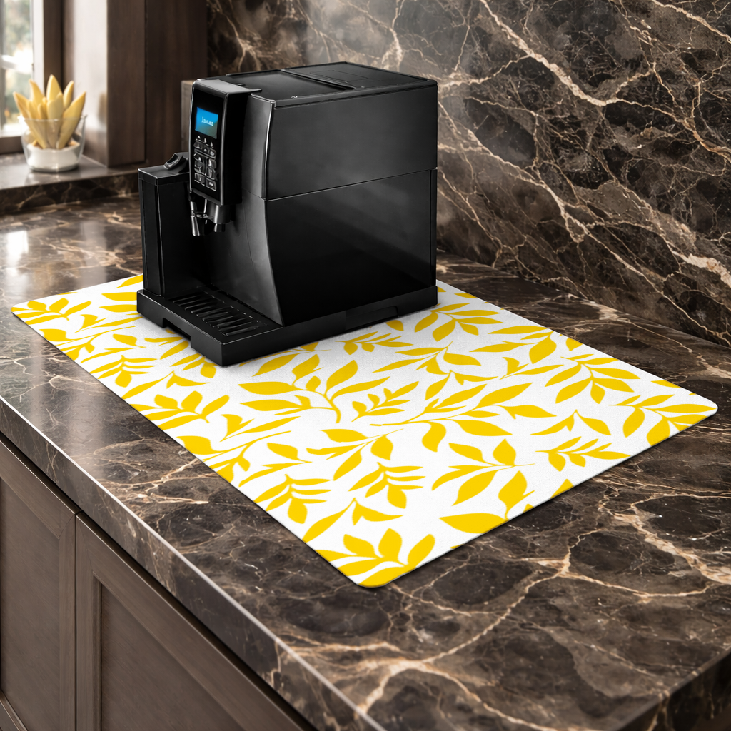 Mustard Yellow Botanical Leaves Coffee Machine Base Mat