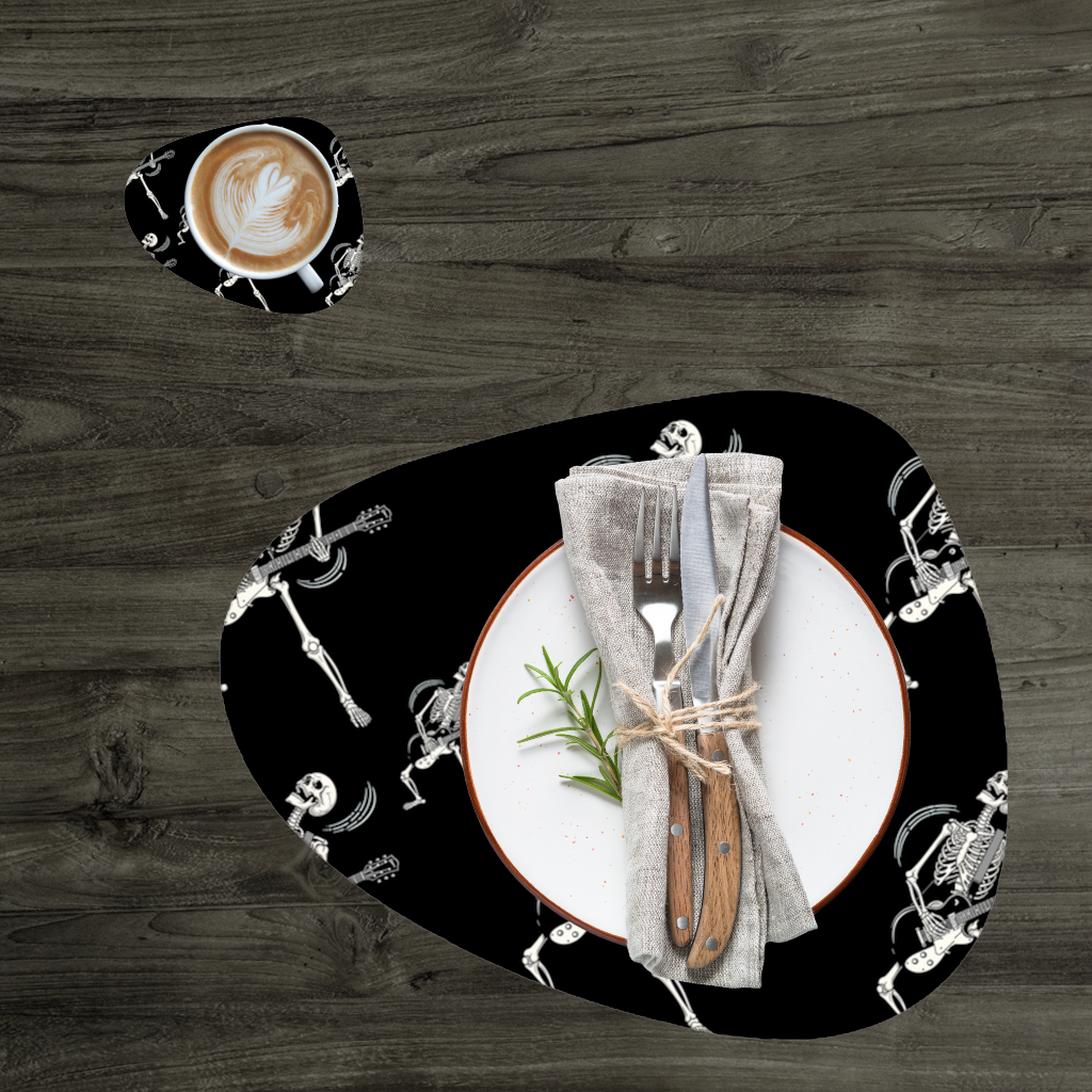 Rock Guitar Playing Skeleton Pattern on Black Charger Plate Set  12 Pieces