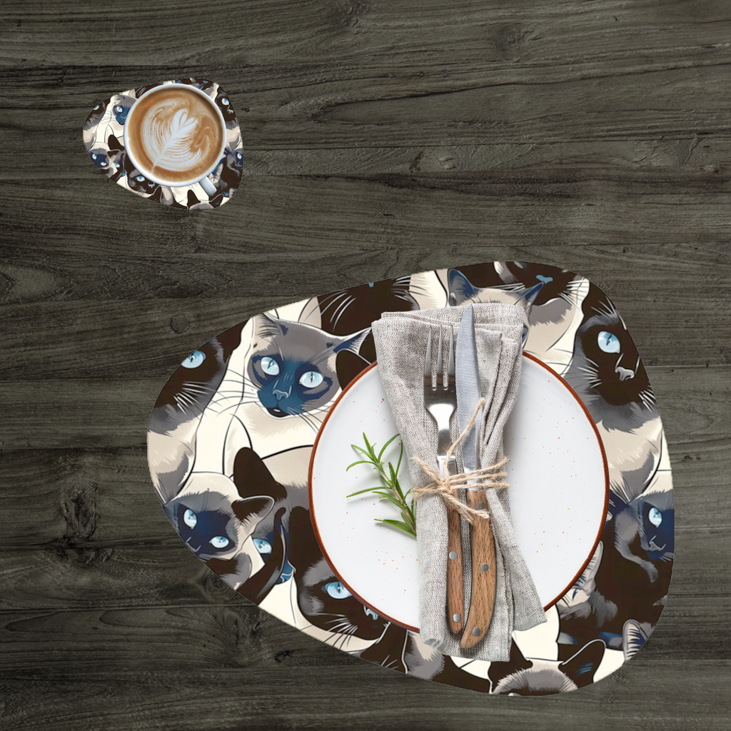 Mavi Gözlü Siyam Kedisi Desenli Şık İllüstrasyon Servis Tabağı Altlığı (12 Adet)