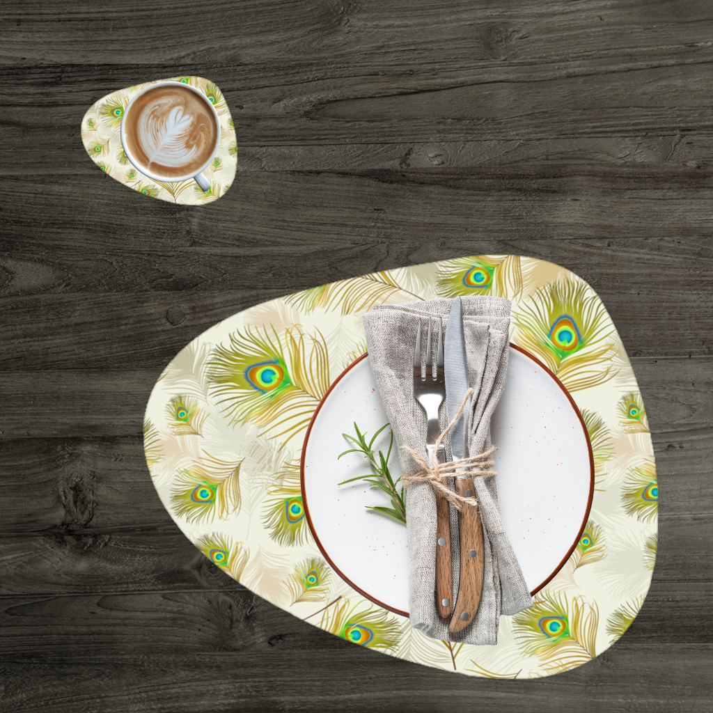Zarif Tavus Kuşu Tüyleri ve Egzotik Doğa Deseni Servis Tabağı Altlığı (12 Adet)