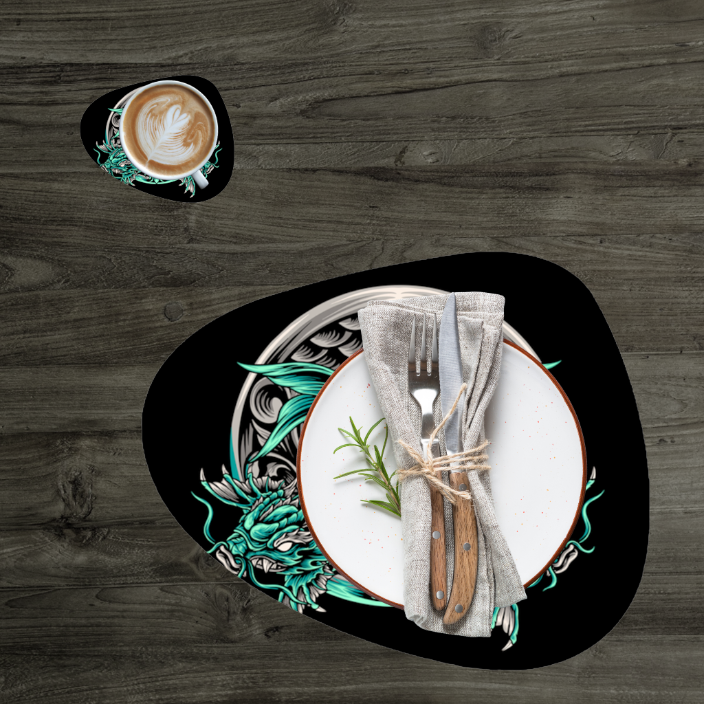 Turquoise Twin Dragon Emblem Design Charger Plate Set  12 Pieces