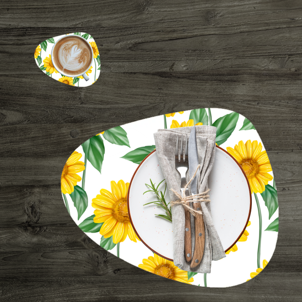 Vibrant Yellow Sunflower and Green Leaf Pattern Illustration Charger Plate Set  12 Pieces
