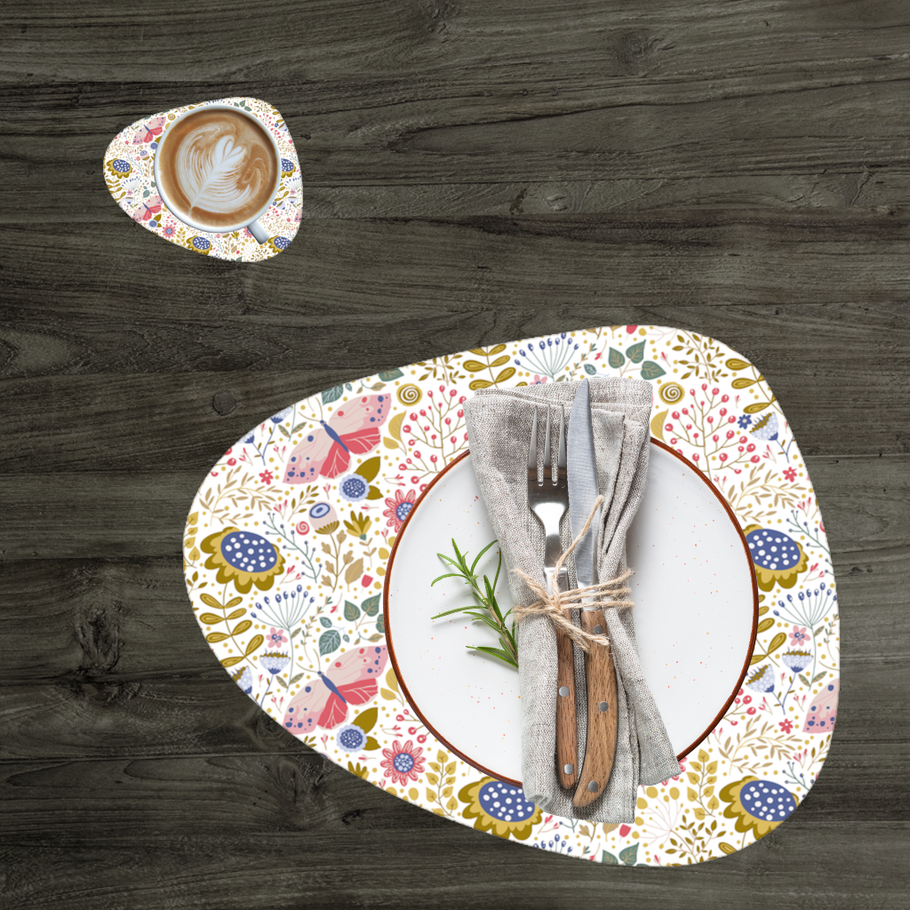 Otantik Çiçekler ve Kelebek Desenli Sanat Servis Tabağı Altlığı (12 Adet)