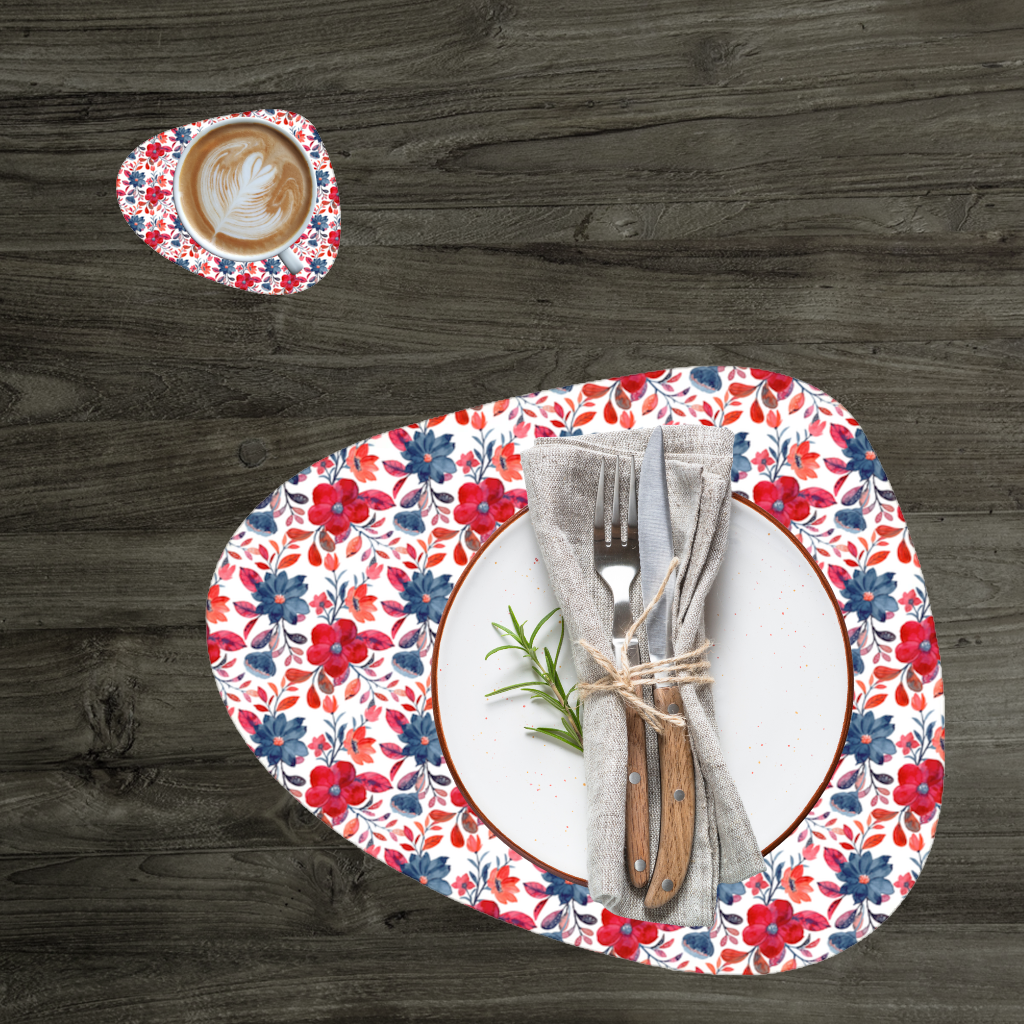 Suluboya Kırmızı Lacivert Çiçek Servis Tabağı Altlığı (12 Adet)