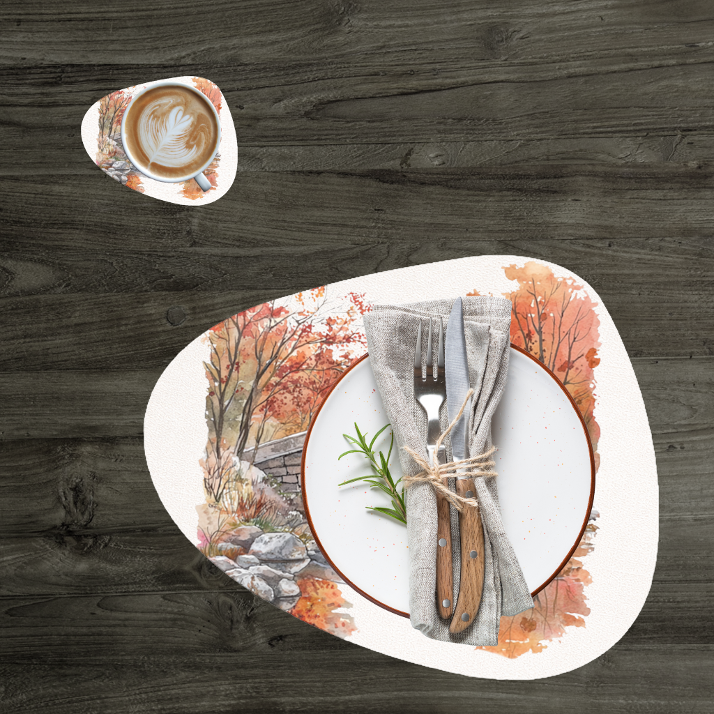 Autumn Stone Arch Bridge Over River Charger Plate Set  12 Pieces