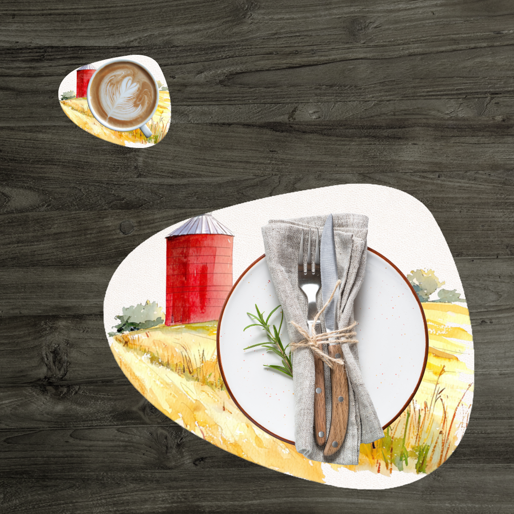 Red Farm Silo and Golden Wheat Field Charger Plate Set  12 Pieces