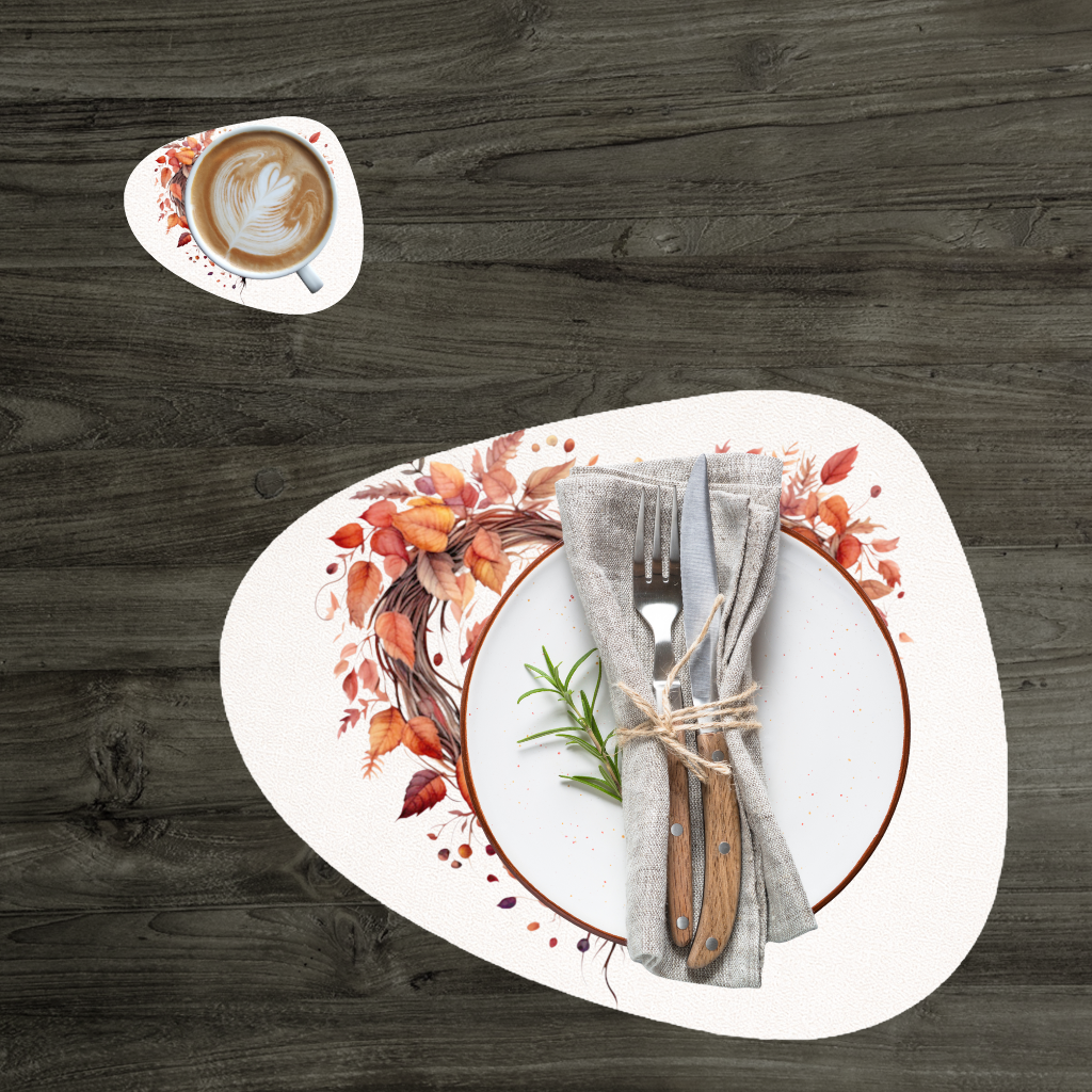 Sonbahar Yapraklarından Kalp Çelenk Servis Tabağı Altlığı (12 Adet)