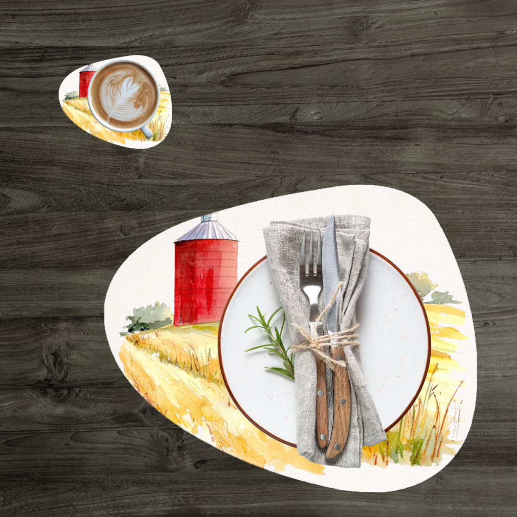 Kırmızı Silo ve Altın Buğday Tarlası Servis Tabağı Altlığı (12 Adet)