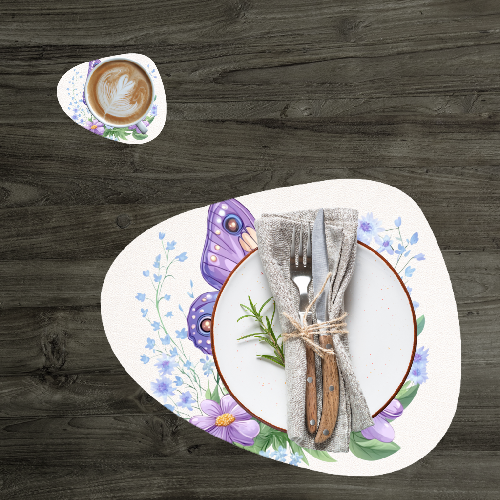 Mor Kelebek ve Mavi Kır Çiçekleri Servis Tabağı Altlığı (12 Adet)