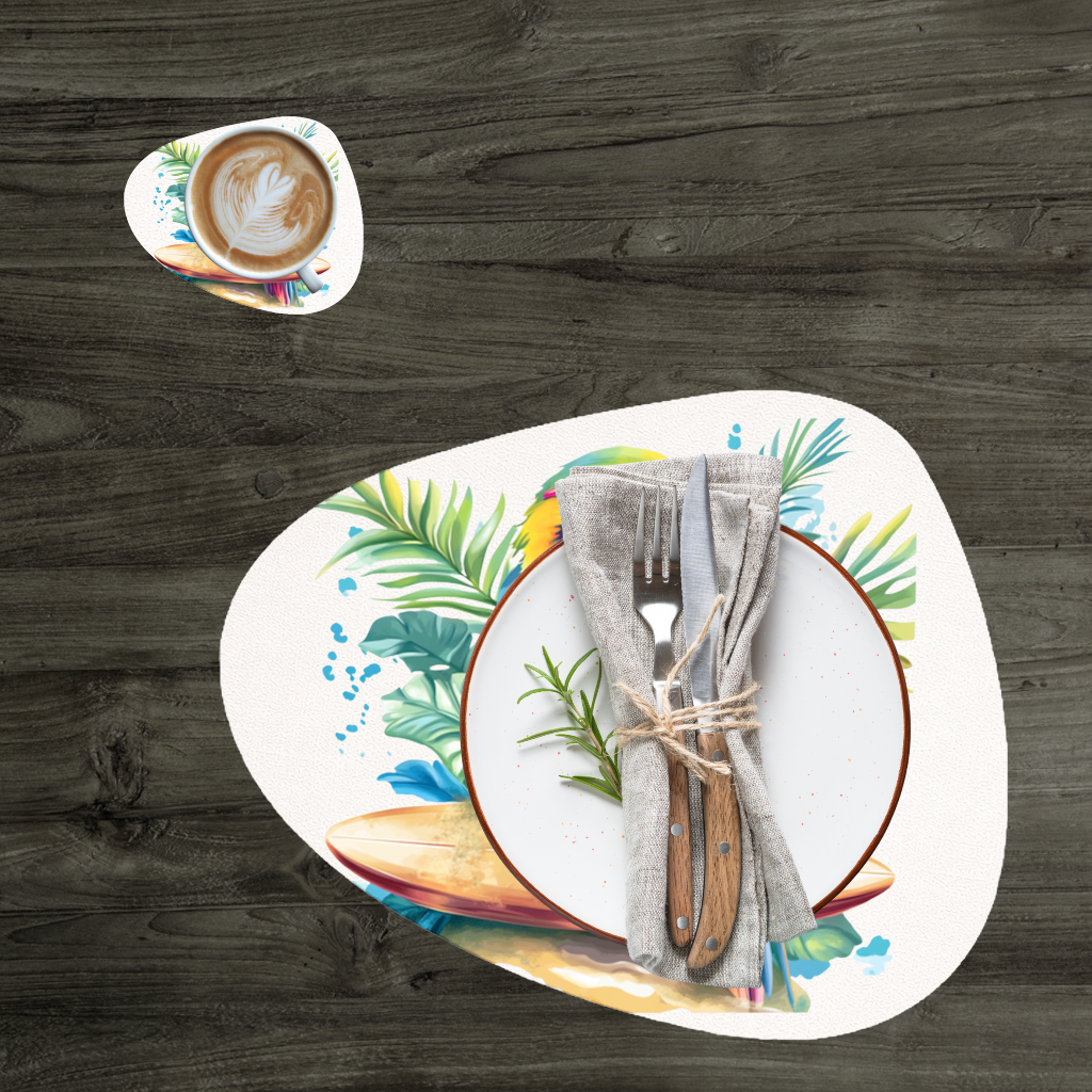 Sörf Yapan Güneş Gözlüklü Papağan Servis Tabağı Altlığı (12 Adet)