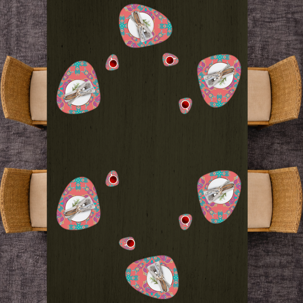 Canlı Kırmızı Zeminli Oryantal Mandala Deseni Servis Tabağı Altlığı (12 Adet)