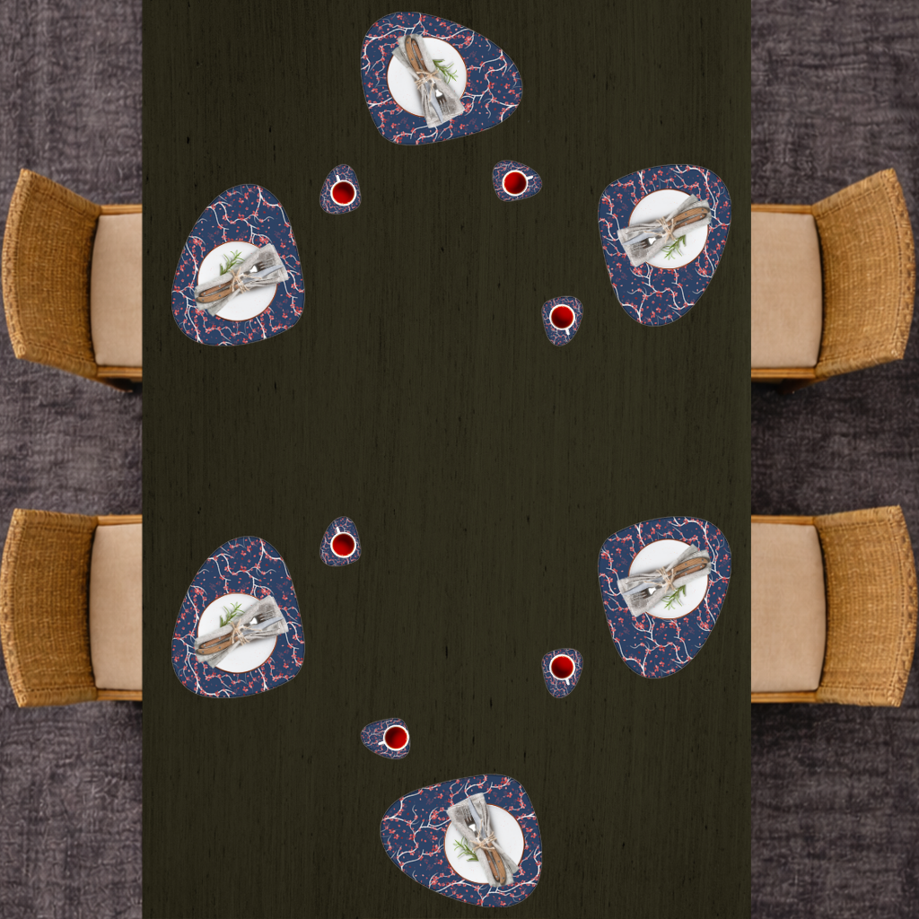 Red Floral Branch Pattern on Navy Background 