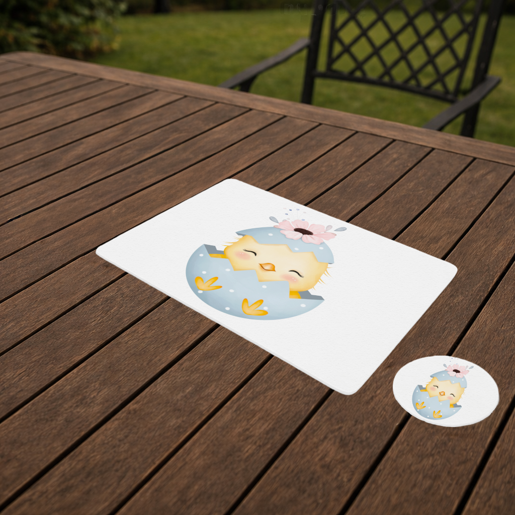 Çiçekli Şapkalı Sevimli Civciv İllüstrasyonu Servis Tabağı Altlığı (12 Adet)