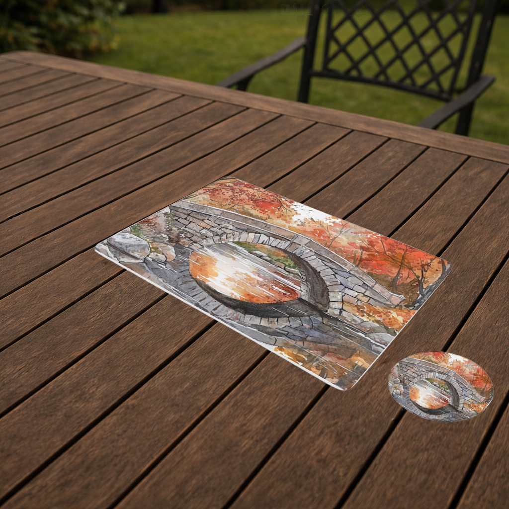 Autumn Stone Arch Bridge Over River Charger Plate Set  12 Pieces