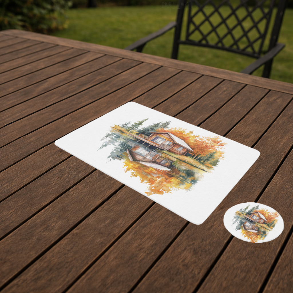 Göl Kenarı Kütük Ev ve Sonbahar Servis Tabağı Altlığı (12 Adet)