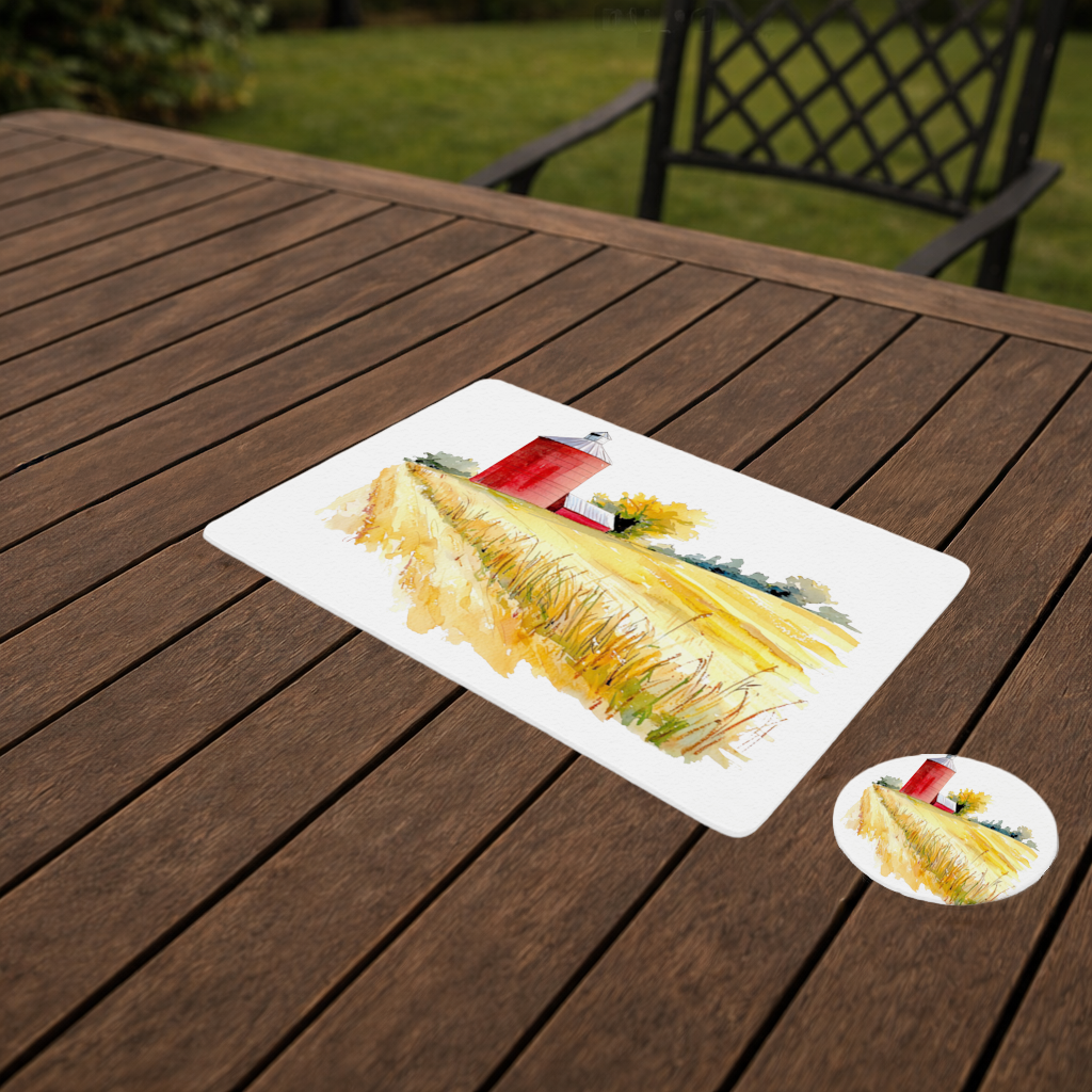 Kırmızı Silo ve Altın Buğday Tarlası Servis Tabağı Altlığı (12 Adet)