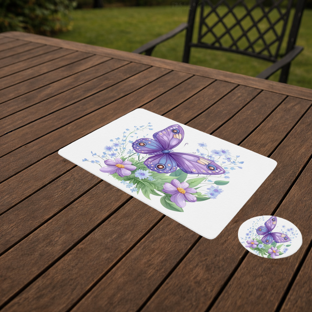 Mor Kelebek ve Mavi Kır Çiçekleri Servis Tabağı Altlığı (12 Adet)