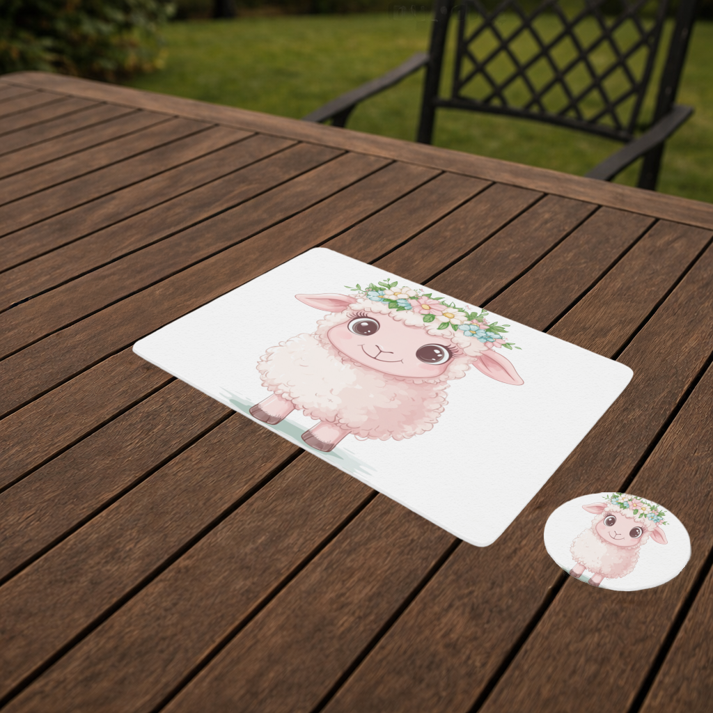 Kawaii Çiçek Taçlı Pembe Kuzu Servis Tabağı Altlığı (12 Adet)