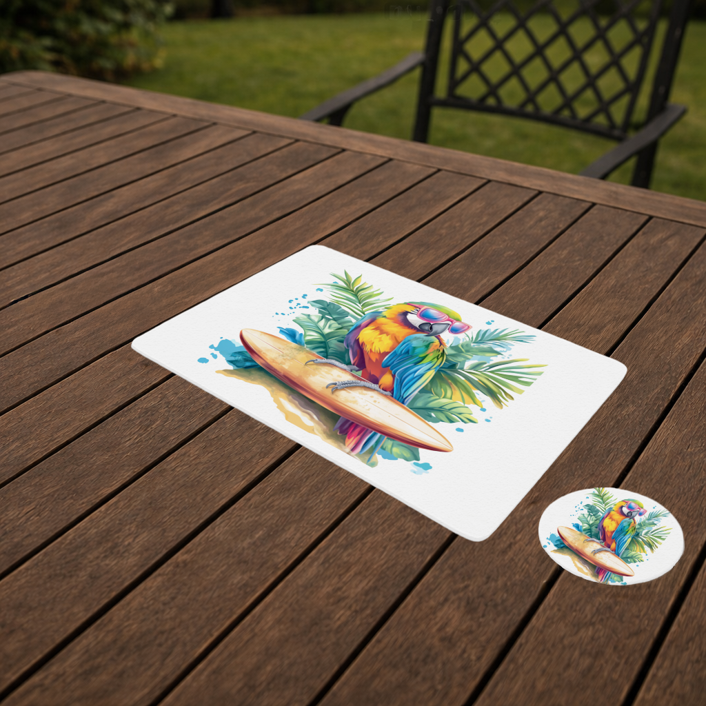 Sörf Yapan Güneş Gözlüklü Papağan Servis Tabağı Altlığı (12 Adet)