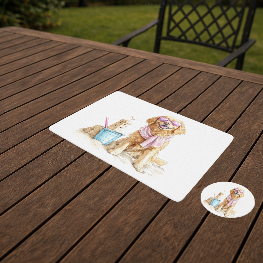 Plajda Pembe Gözlüklü Golden Retriever Servis Tabağı Altlığı (12 Adet)