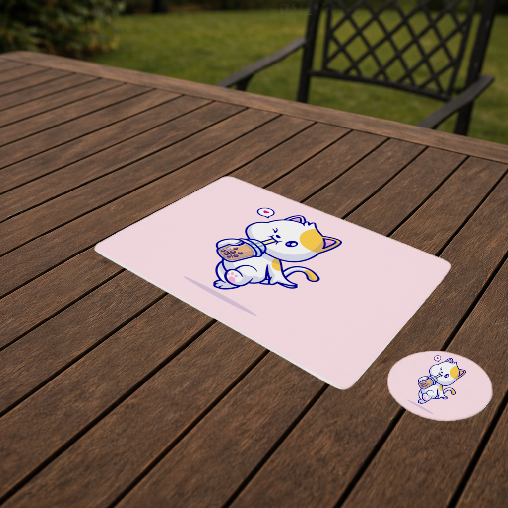 Boba Çayı İçen Kawaii Kedi Servis Tabağı Altlığı (12 Adet)
