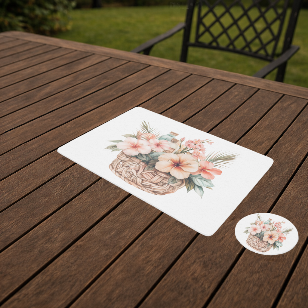 Tropical Hibiscus Flower Woven Basket Charger Plate Set 12 Pieces
