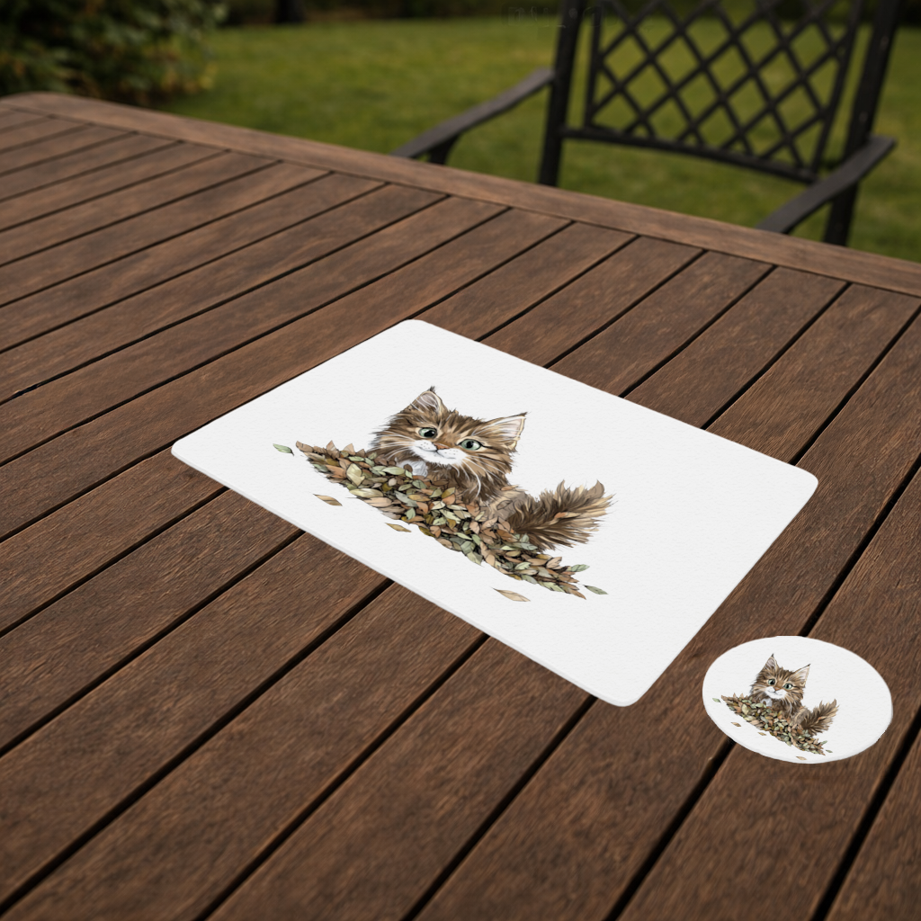 Cute Fluffy Kitten in Autumn Leaves Charger Plate Set  12 Pieces