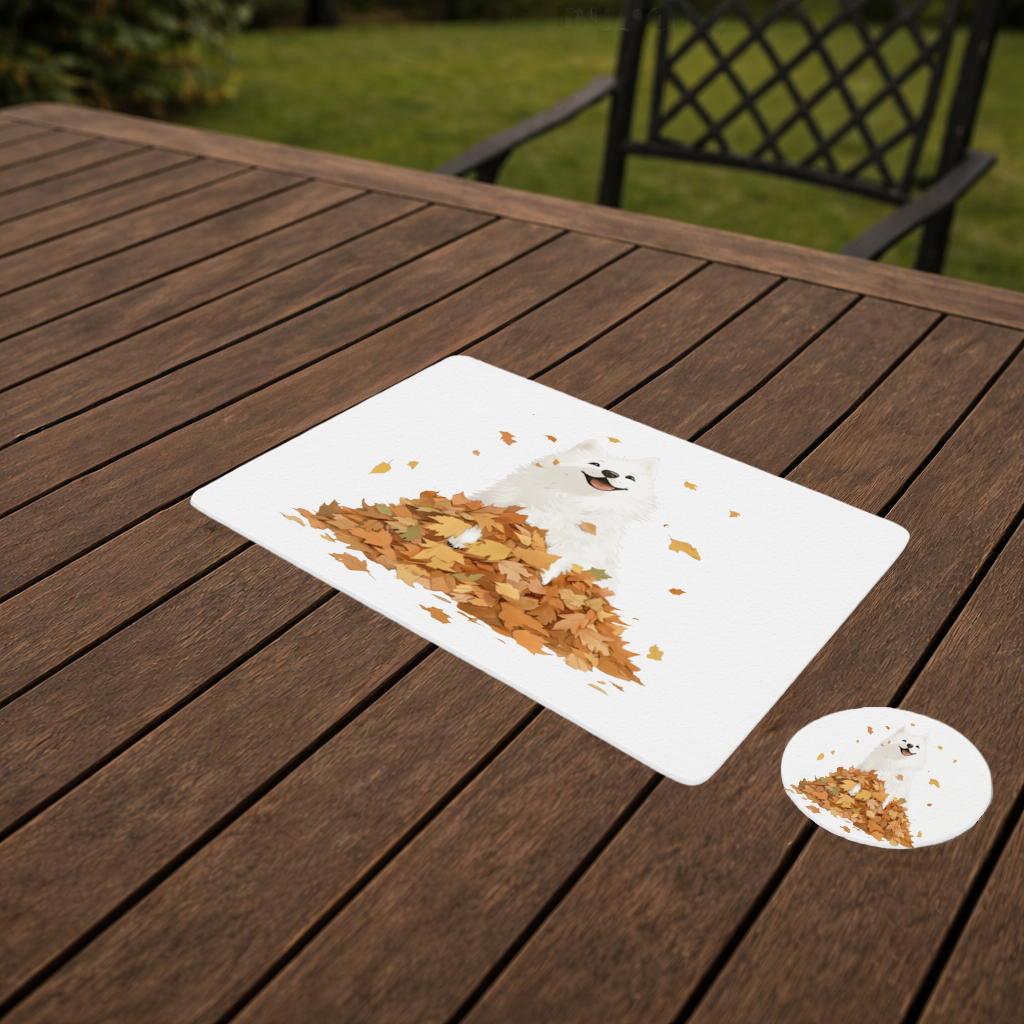 Happy White Dog in Autumn Leaves 