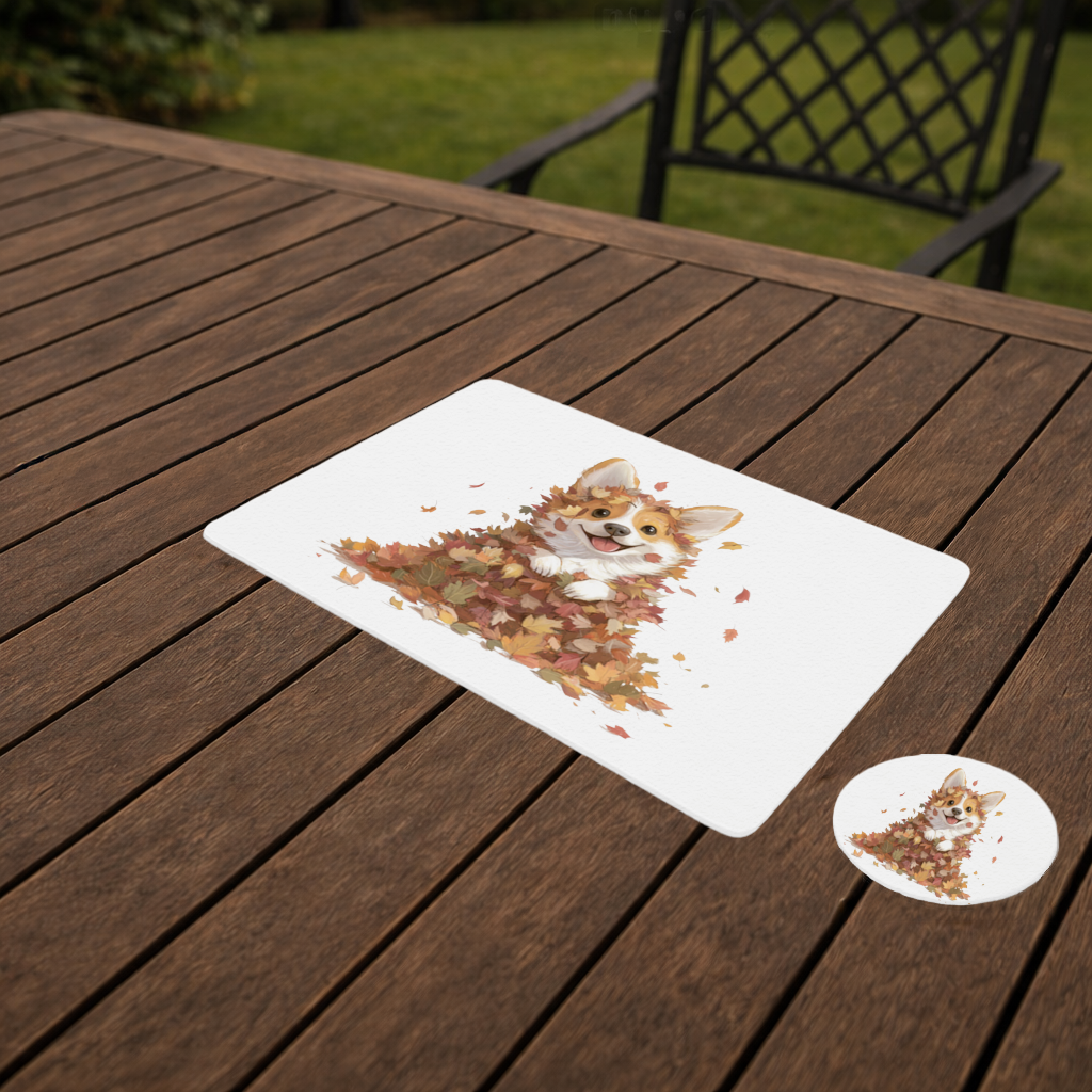 Happy Corgi Puppy in Fall Leaves 